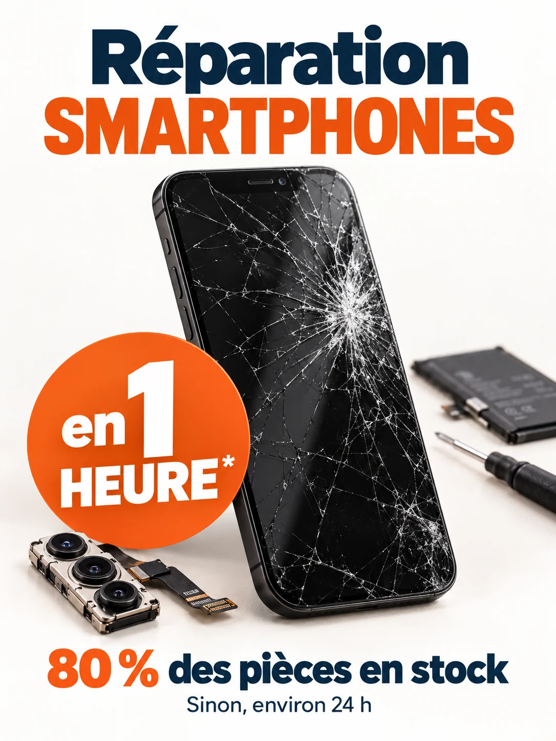 Réparation smartphones en 1 heure : 80 % des pièces en stock, sinon environ 24 heures
